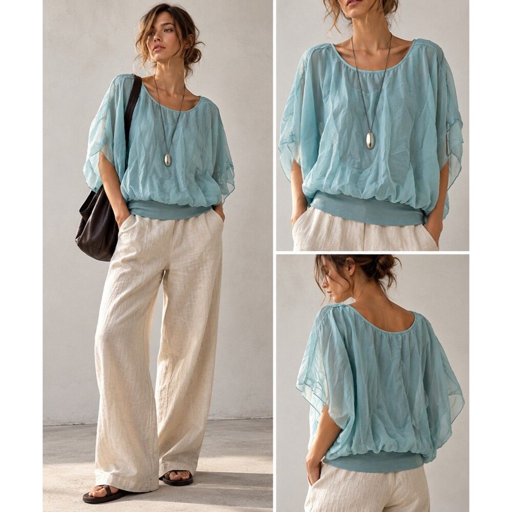 GIUSY Italy Silk Layered Top Womens L Aqua Lagenlook Boho Dolman Tunic Batwing